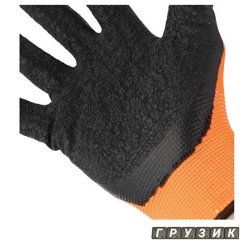 Перчатка трикотажная, синтетическая, оранжевая, покрыта черным рифленым латексом 10 SP-0121 Intertool