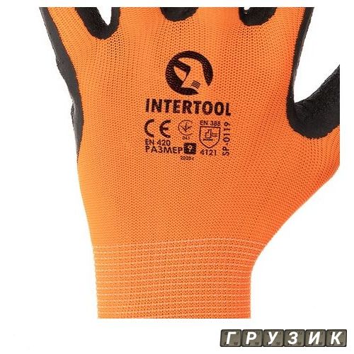 Перчатка трикотажная синтетическая оранжевая покрыта черным рифленым латексом 11 SP-0119 Intertool